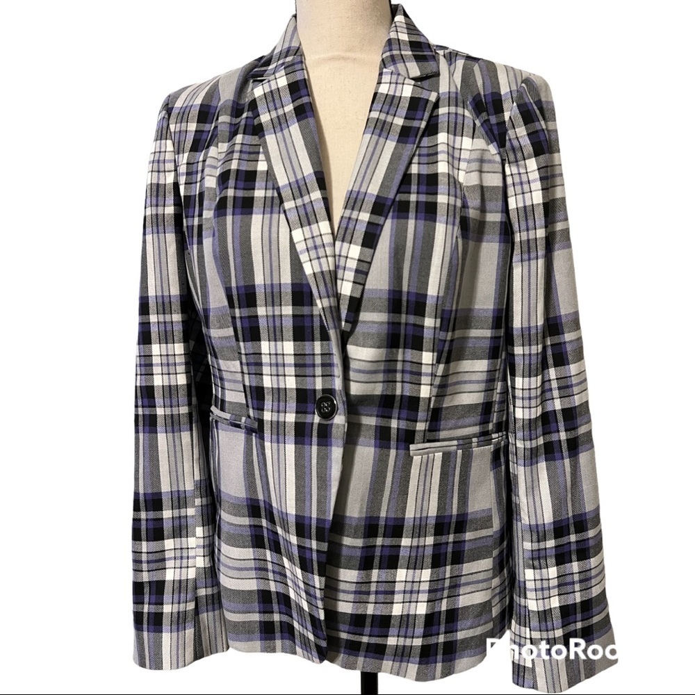 NY&C size 10 one button blazer plaid print shoulder pads 3 buttons on arm NWT